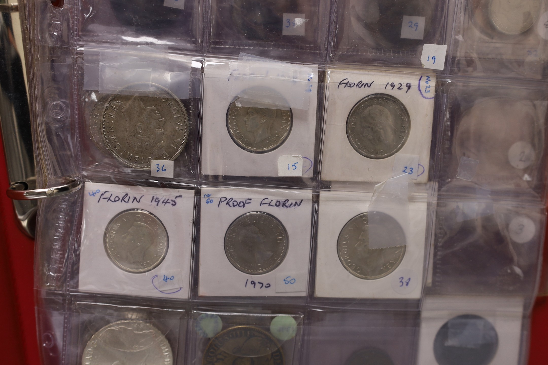 UK coins, Victoria to Elizabeth II, highlights to include halfpenny 1838, near EF, halfcrowns 1915, 1929, 1936 x 2, all EF, shillings 1934, EF and 1937 UNC, five decimal coins sets 1971 etc.